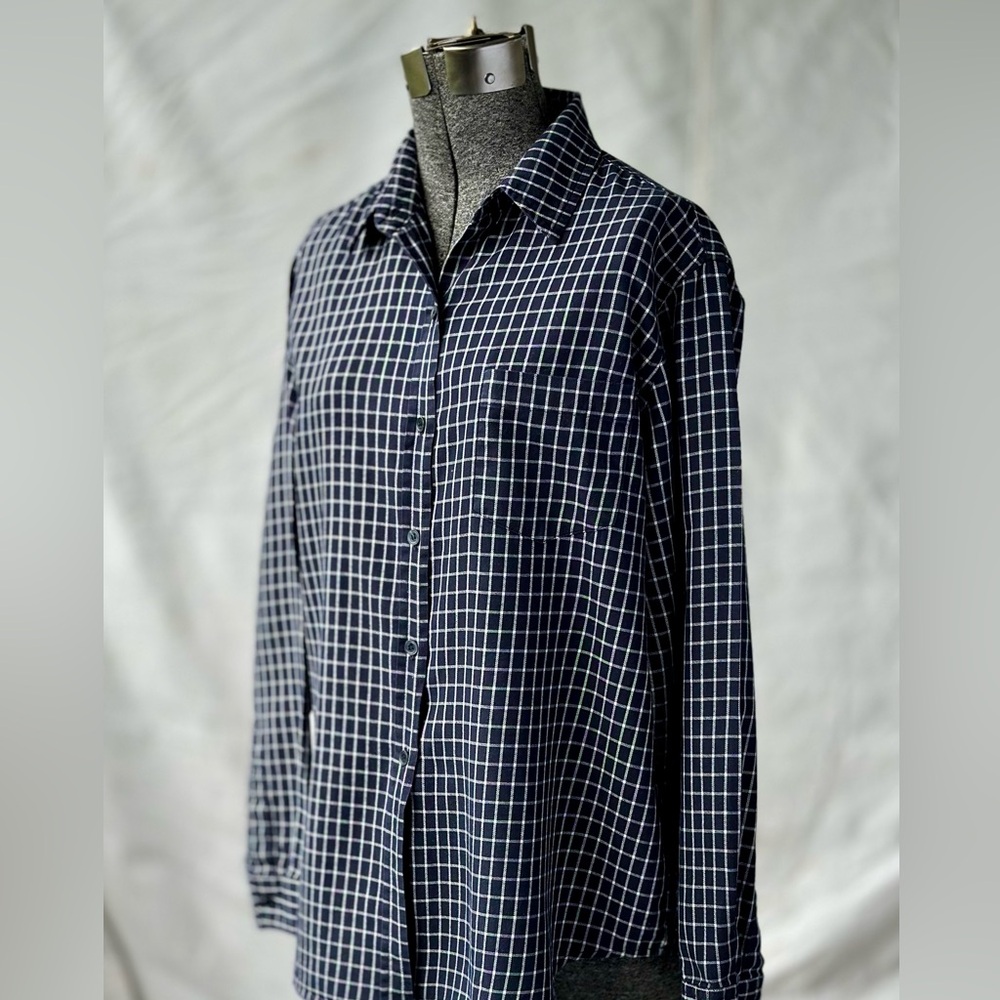 Evan Picone Navy and White Windowpane Button-Down Shirt 100% Cotton
